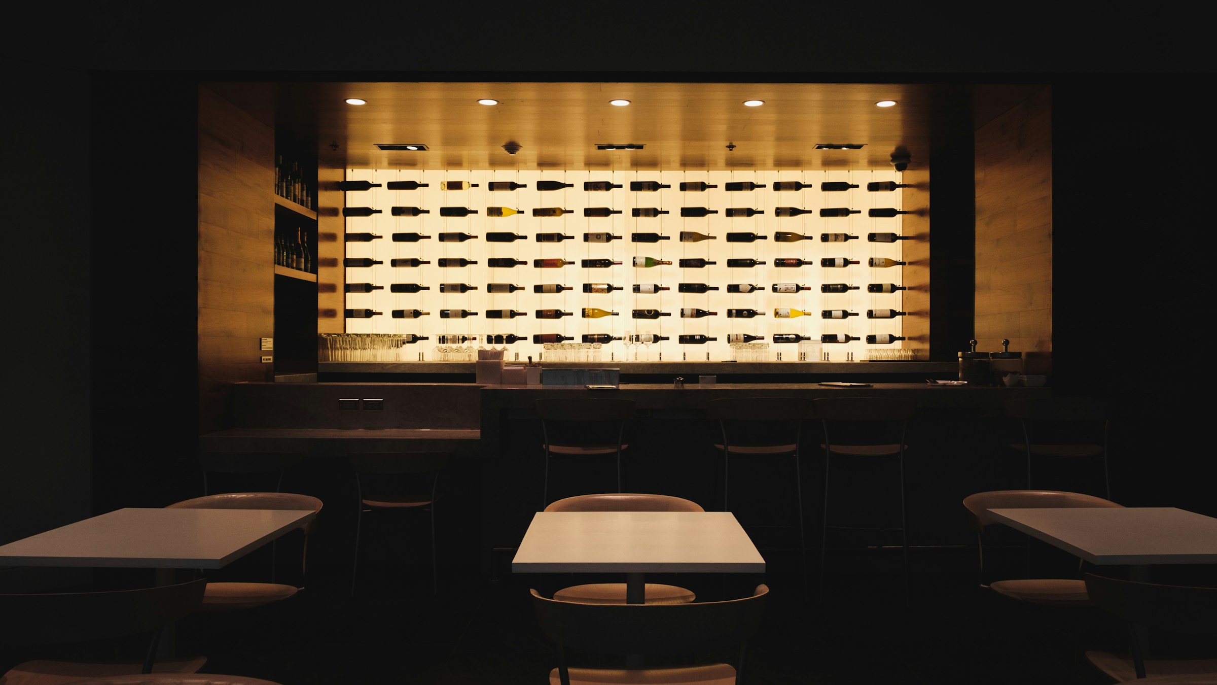 Warmly lit Japanese restaurant interior at night